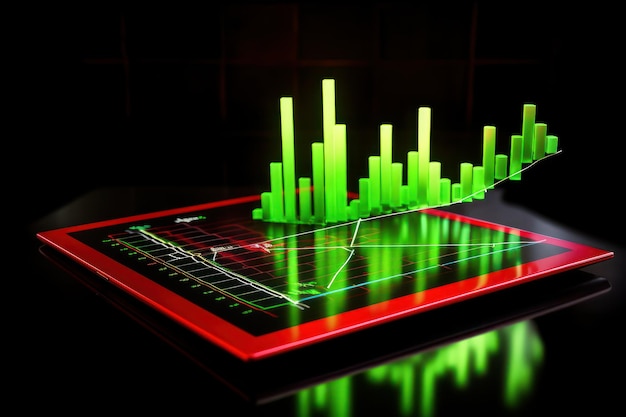 Tablet with financial rise and fall chart green and red d graphs of financial stock market energy pr