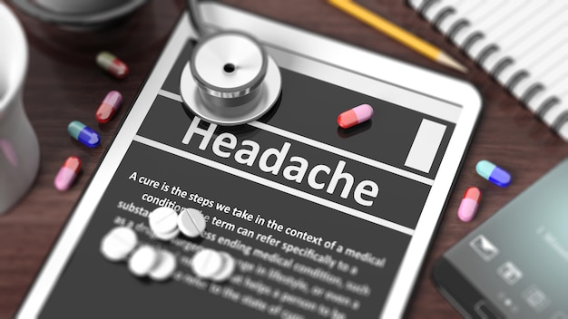 Tablet with Headache on screen stethoscope pills and objects on wooden desktop