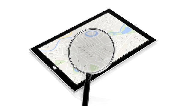 Tablet with map on screen and magnifying glass isolated