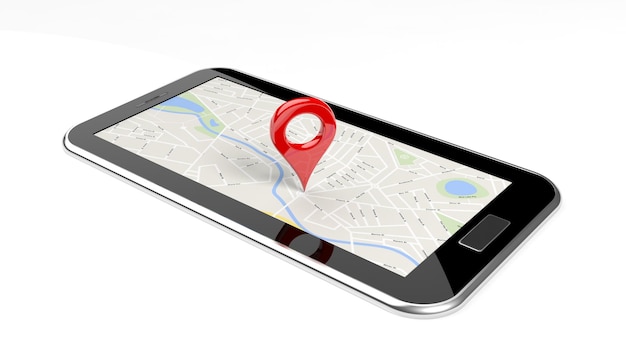 Tablet with map on screen and red pin isolated