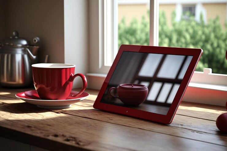 Photo tablet with a red mug and a window on a wooden desk