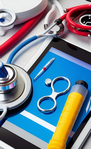 A tablet with a stethoscope and a pair of medical tools on it