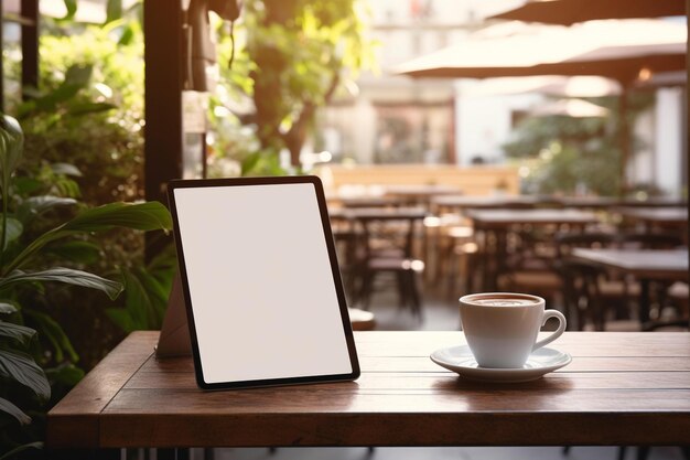 A tablet with a white screen that says " coffee " on it.