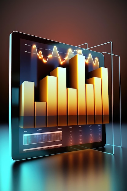 Tablet with yellow graph bars on metallic background created using generative ai technology