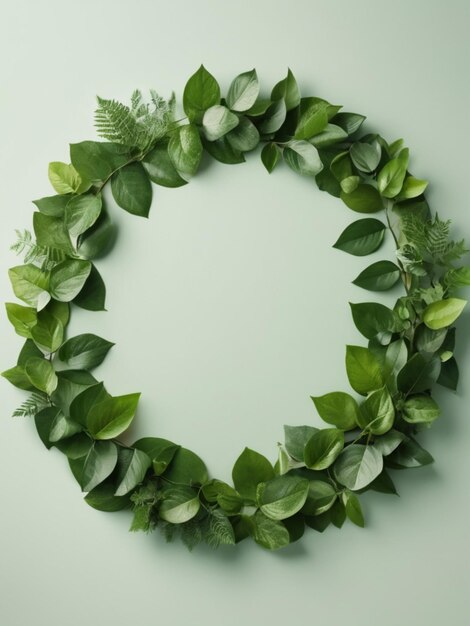 A tabletop adorned with fresh green leaves arranged in a circular pattern