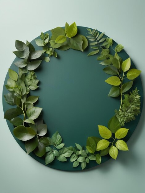 Foto un tavolo adornato con foglie verdi fresche disposte in un disegno circolare