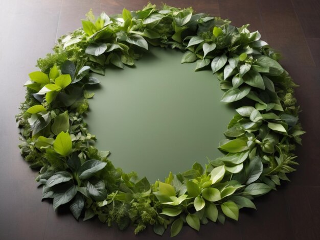 A tabletop adorned with fresh green leaves arranged in a circular pattern