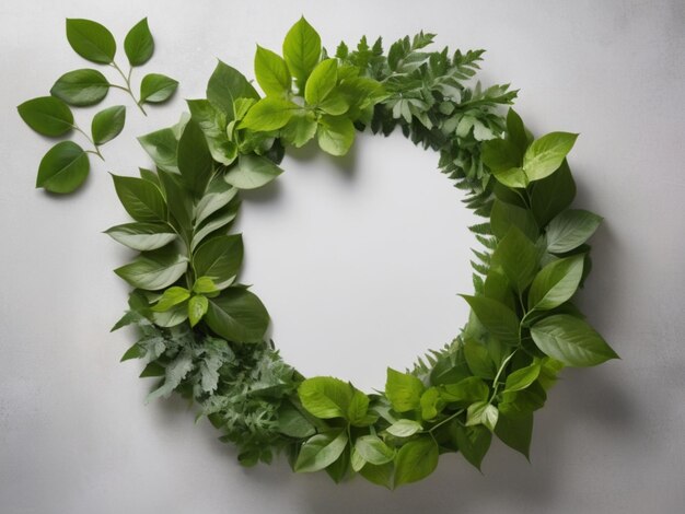 A tabletop adorned with fresh green leaves arranged in a circular pattern