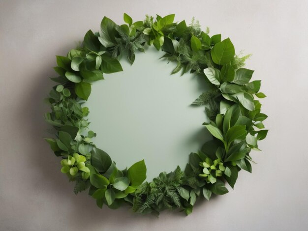 A tabletop adorned with fresh green leaves arranged in a circular pattern