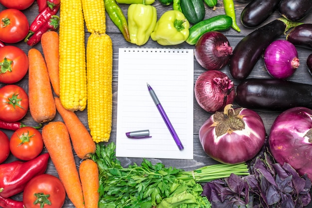 Tabletop arrangement of a variety of fresh fruits and vegetables sorted by colors