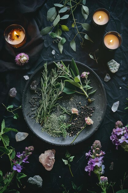 Photo tabletop covered with black tablecloth a round ceramic plate with herbs candles flowers minerals