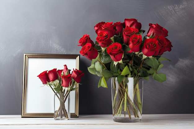 A tabletop display of red roses in a glass vase and an empty picture frame