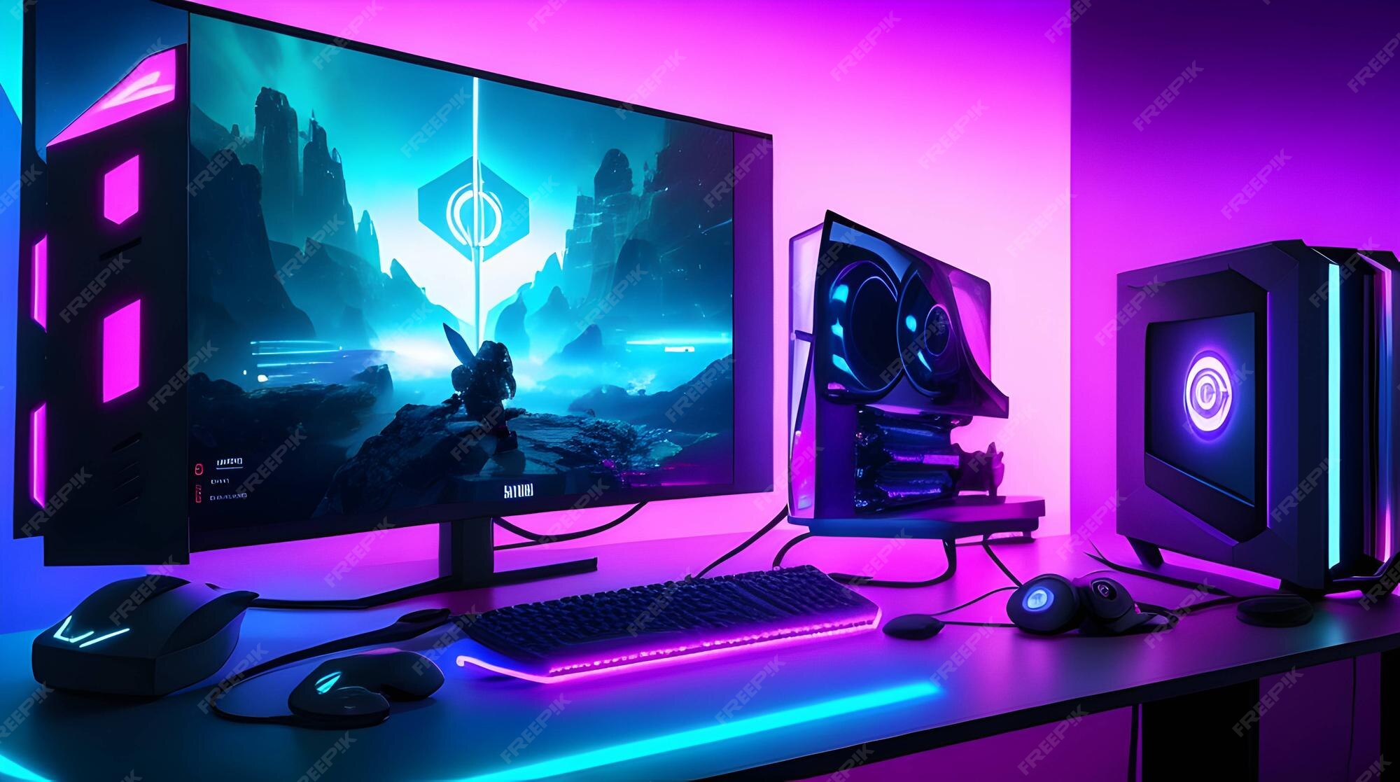 Premium AI Image tabletop gaming PC in a video game room with purple