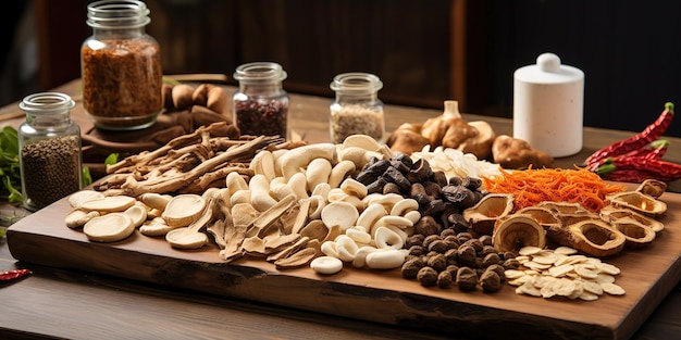 Tabletop herbal medicine vignette with red ginseng and finely chopped dried mushrooms on a wooden table