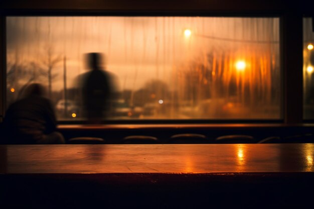 Foto tavolo che si affaccia su un bar sfocato