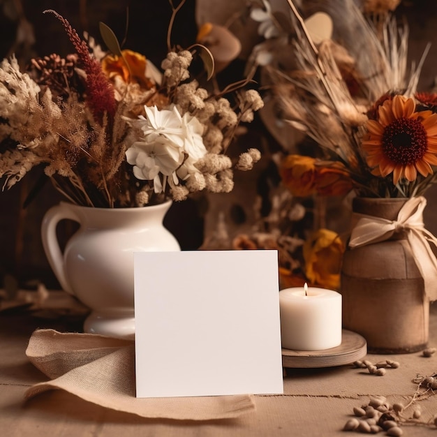 Tabletop MockUp Empty Paper Card with Dried Flowers AI