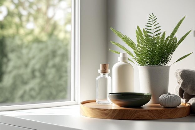 Tabletop for product display is empty and the background is a fuzzy bathroom