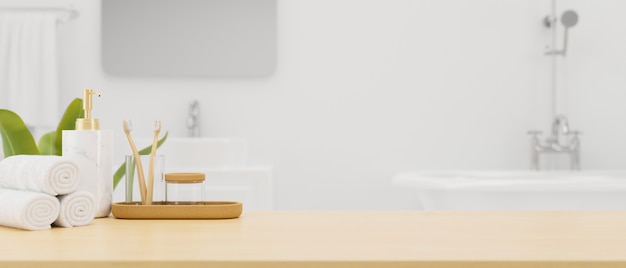 Tabletop with mockup space and bath accessories over modern white bathroom interior 3d rendering