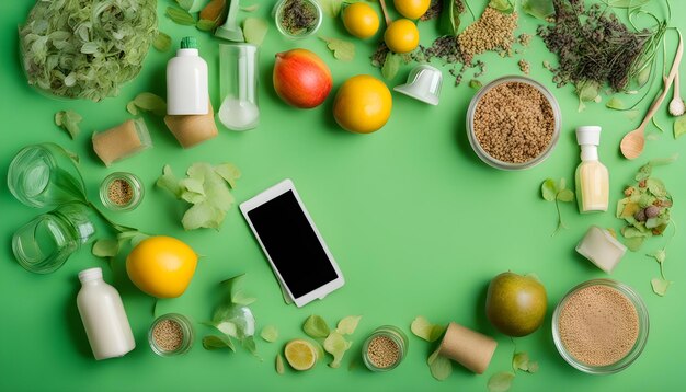 Foto un tavolo con vari frutti e verdure su di esso