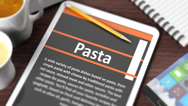 画面にパスタのレシピが表示されたタブレットに焦点を当てたさまざまなオブジェクトが表示された卓上