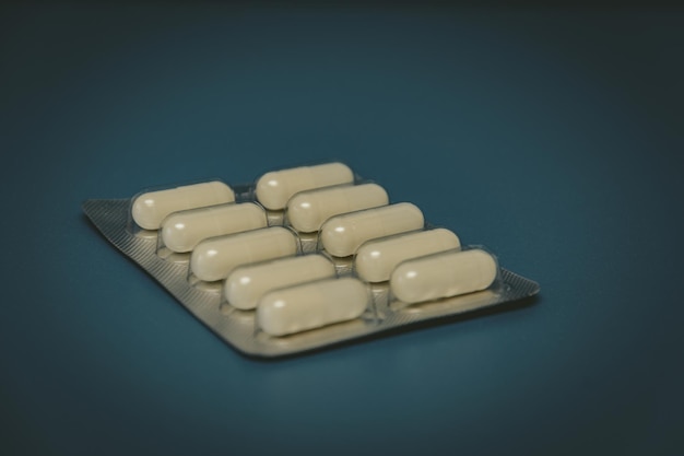 Tablets in a blister pack Headache pills painkillers antibiotics or antidepressants in pills