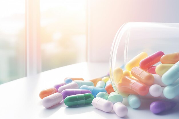 Tablets and capsules in all colors of the rainbow Banner for pharmaceutical add