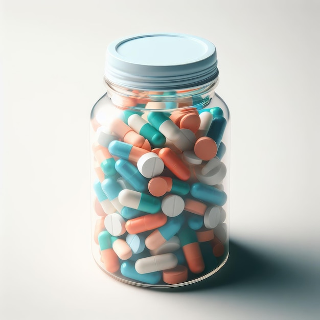 tablets and pills on bottle isolated white