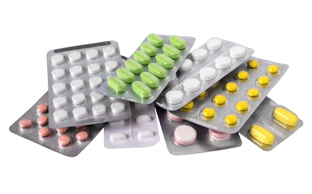 Foto compresse e pillole. mucchio di compresse mediche colorate, capsule e pillole.