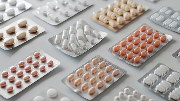 Photo tablets and pills packed in blisters on light background closeup