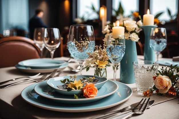 Tableware glasses flower fork knife served for dinner in restaurant with cozy interior