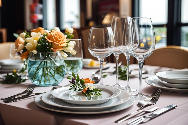 Tableware glasses flower fork knife served for dinner in restaurant with cozy interior