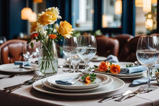 Tableware glasses flower fork knife served for dinner in restaurant with cozy interior