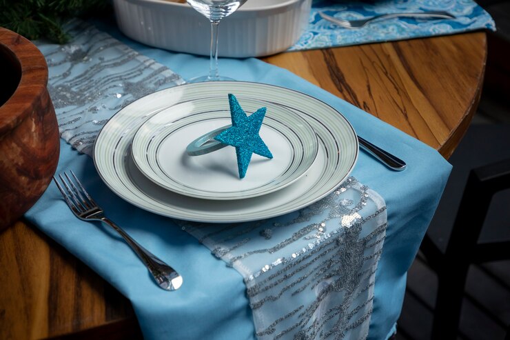 Tableware with christmas decoration mounted for christmas dinner smile a wooden table