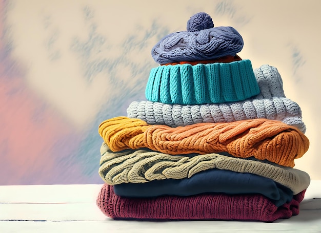 Photo tack of knitted textured clothing on table colorful winter clothes warm apparel heap of knitwear