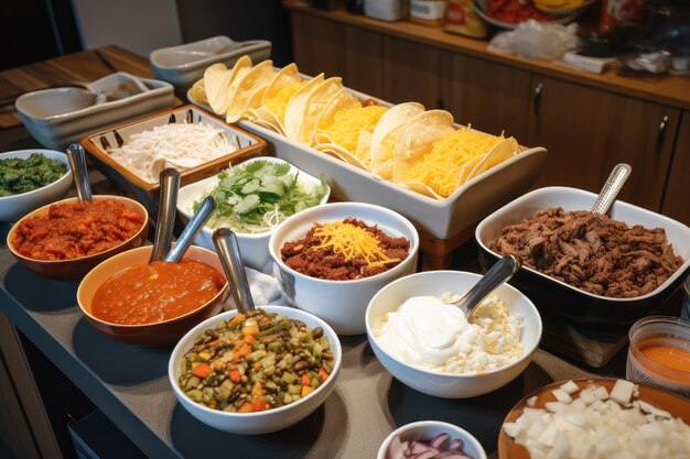 Taco bar with a variety of toppings such as salsa cheese and sour cream created with generative ai