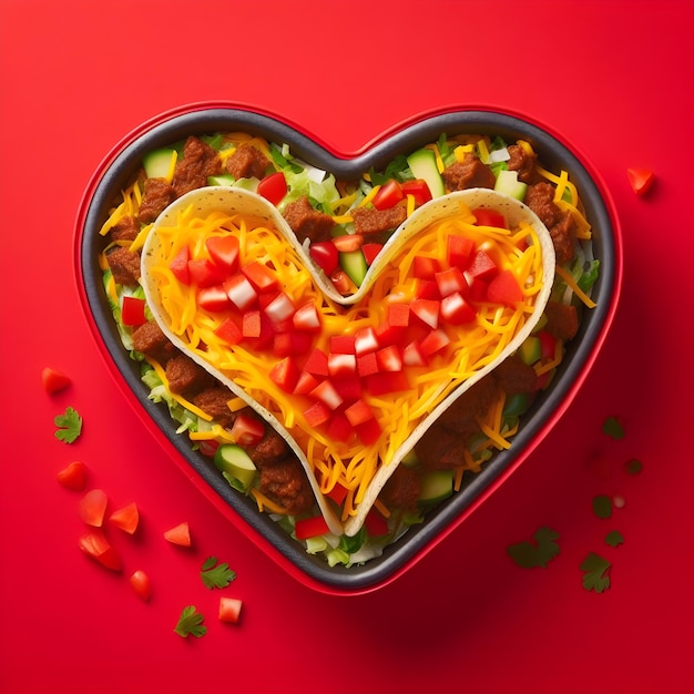 Photo a taco bowl in the shape of a heart isolated on a red background