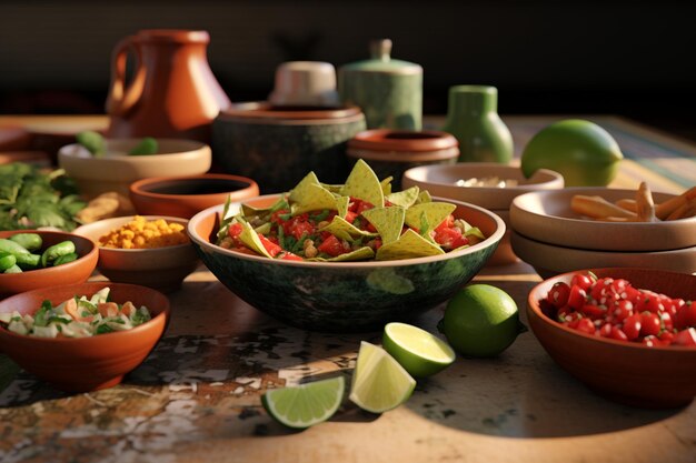 Photo taco ingredients in beautiful ceramic bowls generative ai