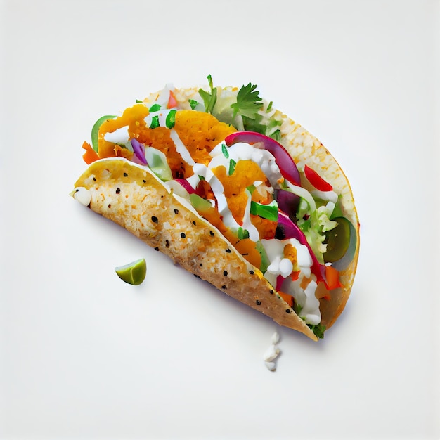 Taco met een witte saus en groenten op witte achtergrond