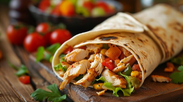 taco mexican tortilla wrap with chicken Closeup