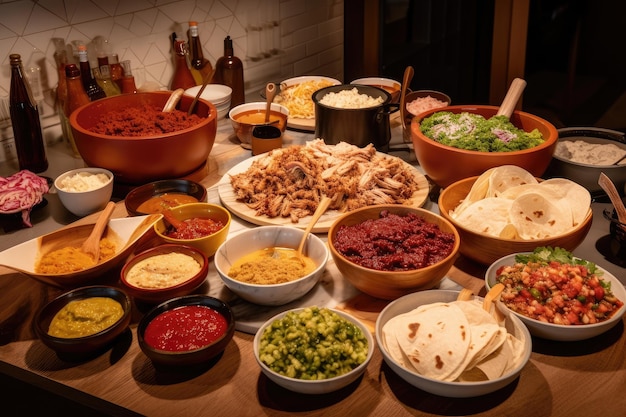 Taco's burritobar met een assortiment vleestoppings en sauzen gemaakt met generatieve AI