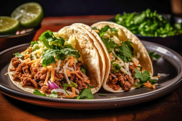 Taco's Krokante bloem- en maïstortilla's gevuld met worst, kaassalsa en guacamole Klassiek TexMex of Mexicaans restaurantvoorgerecht favoriet Ai generatief