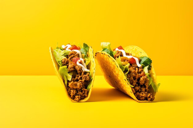 Foto taco's lekker fastfood straatvoedsel om mee te nemen op gele achtergrond