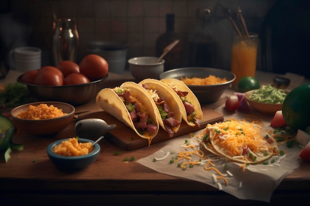 Taco's met aardappelpartjes roerei en spek gegarneerd met kaas en groene ui AI gegenereerd