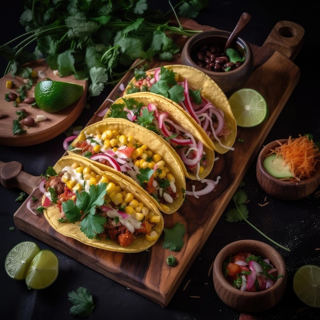 Taco's op een houten bord met ingrediënten zoals mais, mais en avocado.