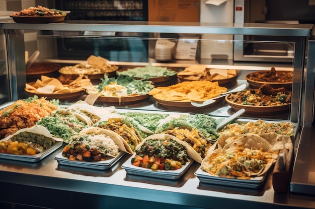 Taco shop with variety of exotic tacos burritos and nachos on display created with generative ai