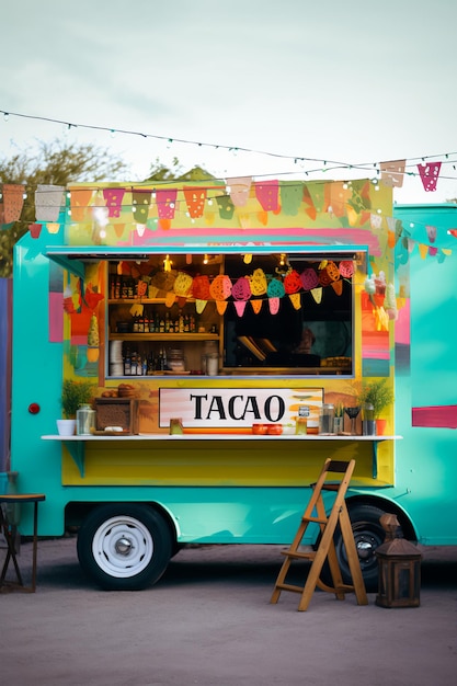 사진 타코 트럭 오아시스 (taco truck oasis) 는 요리 즐거움 을 위한 경치 좋은 피난처 에 주차 되어 있다