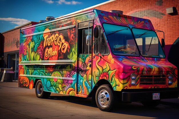 Taco Truck with Colorful Mural and Lively Atmosphere