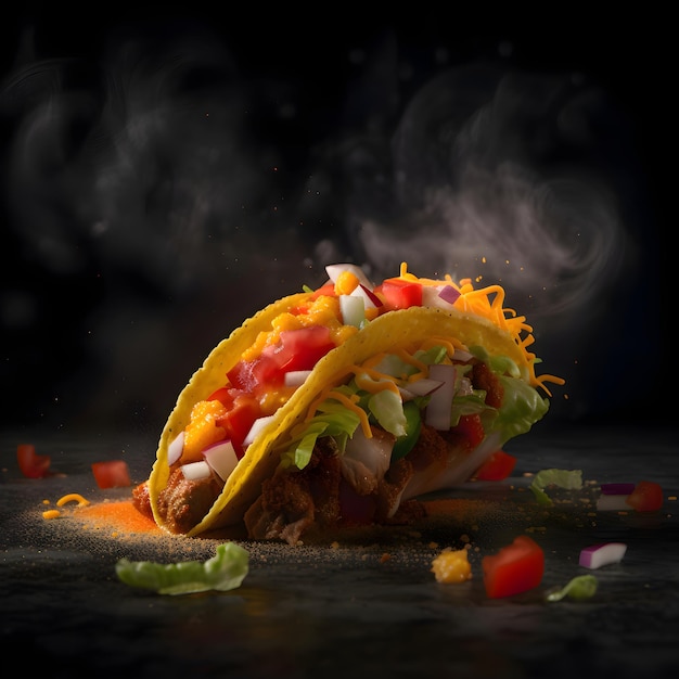 Taco with meat cheese and vegetables on a black background