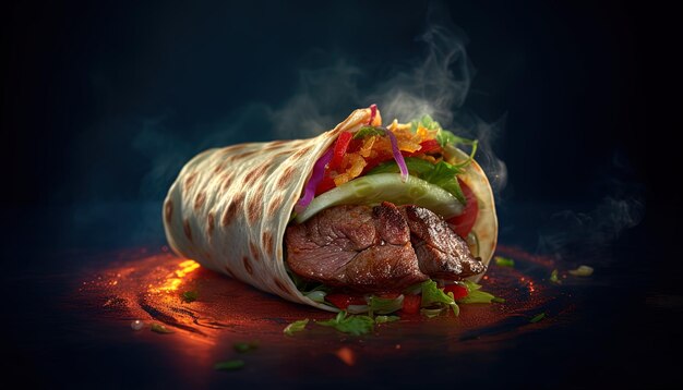 Photo a taco with a red light behind it and a smoke coming out of it