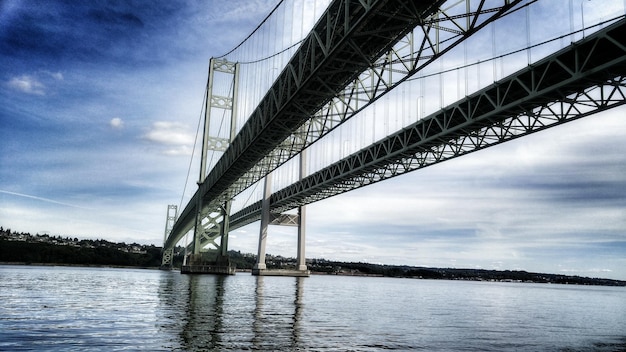 Tacoma narrows bridge over river against sky